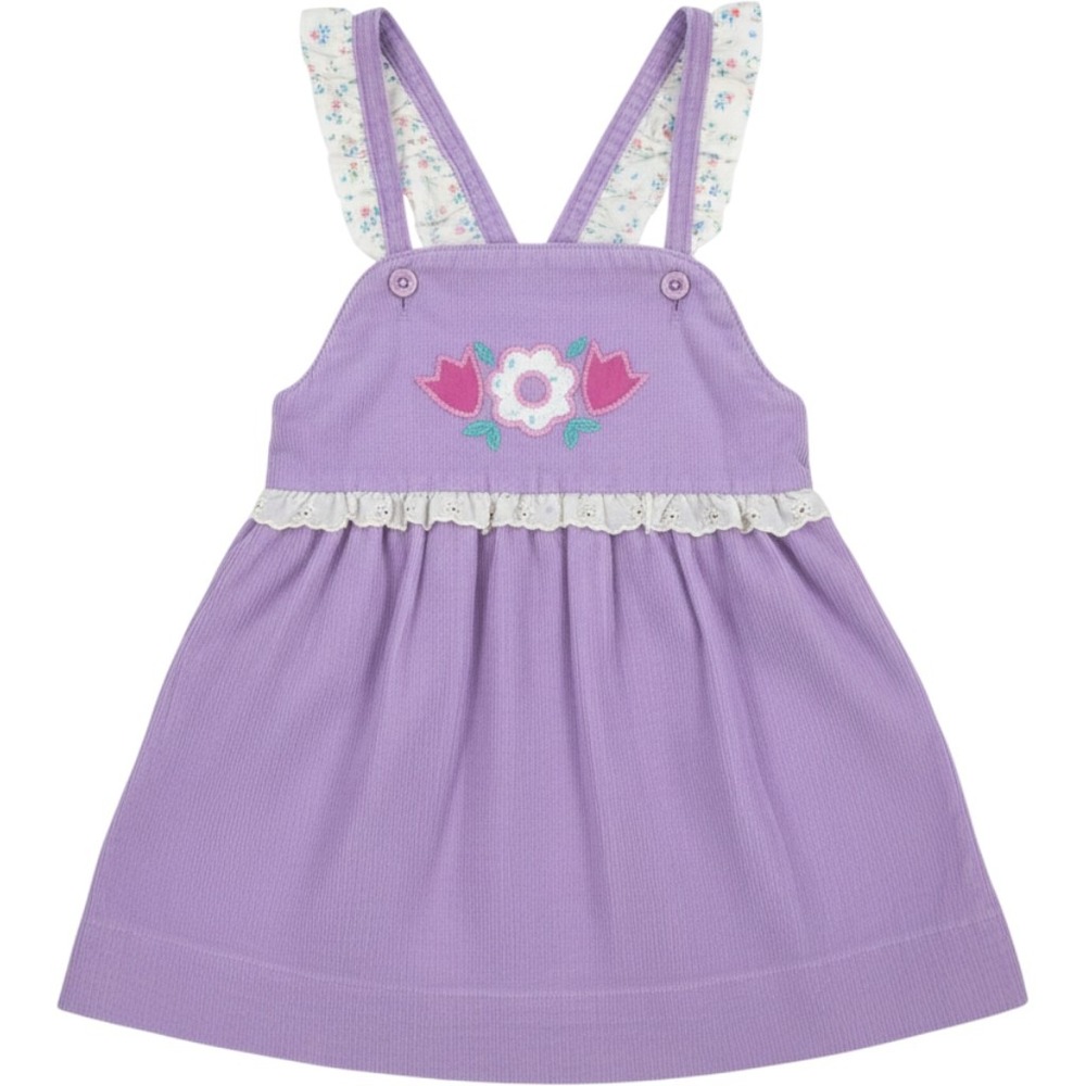 Vintage 70s Purple Corduroy Jumper Dress Floral Embroidery Ruffle Straps Kids 3T